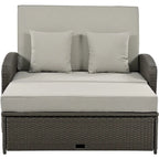 Chaise longue double en rotin PE, lit de jour inclinable pour 2 personnes avec dossier réglable et coussins, transat de jardin