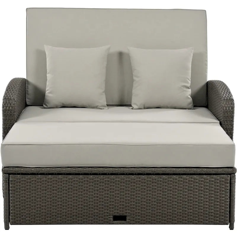 Chaise longue double en rotin PE, lit de jour inclinable pour 2 personnes avec dossier réglable et coussins, transat de jardin