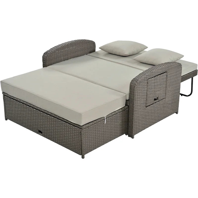 Chaise longue double en rotin PE, lit de jour inclinable pour 2 personnes avec dossier réglable et coussins, transat de jardin