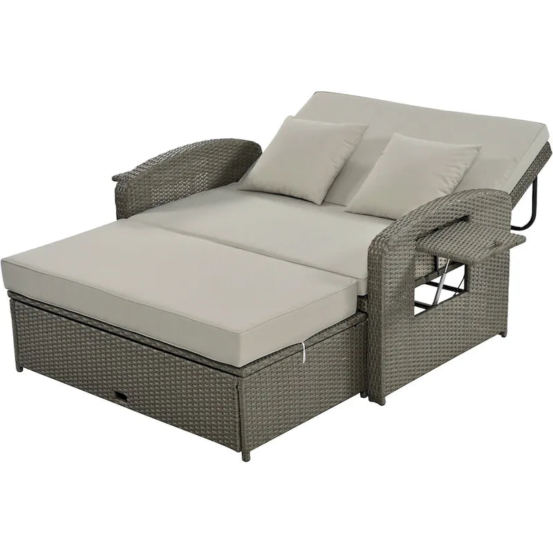 Chaise longue double en rotin PE, lit de jour inclinable pour 2 personnes avec dossier réglable et coussins, transat de jardin