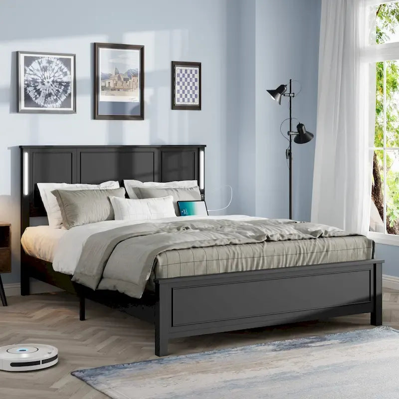 Lit plateforme Queen Size avec tête de lit en bois et chargeur