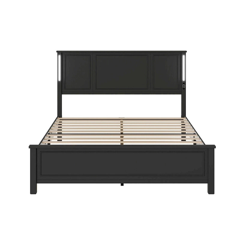 Lit plateforme Queen Size avec tête de lit en bois et chargeur