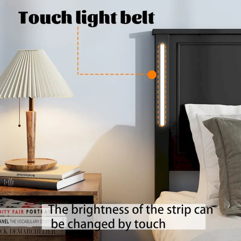 Lit plateforme Queen Size avec tête de lit en bois et chargeur