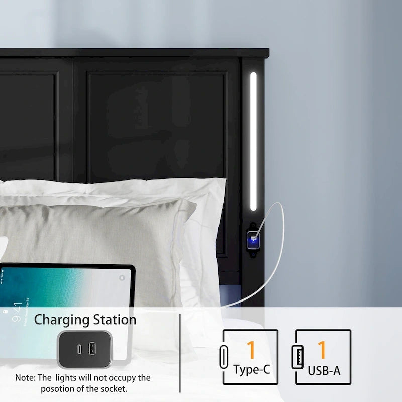 Lit plateforme Queen Size avec tête de lit en bois et chargeur