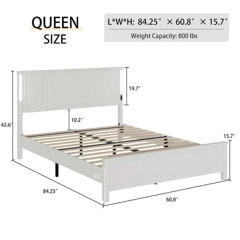 Lit plateforme Queen Size avec tête de lit en bois et chargeur