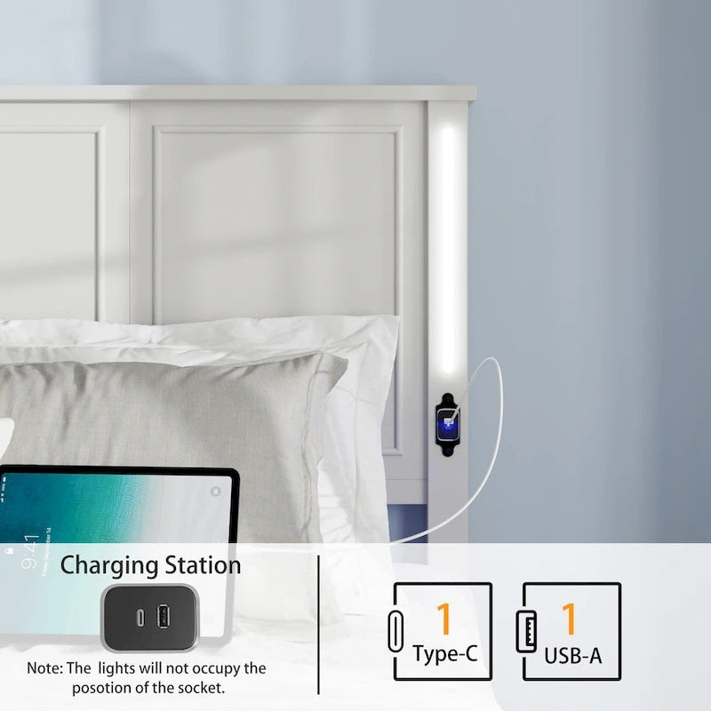 Lit plateforme Queen Size avec tête de lit en bois et chargeur