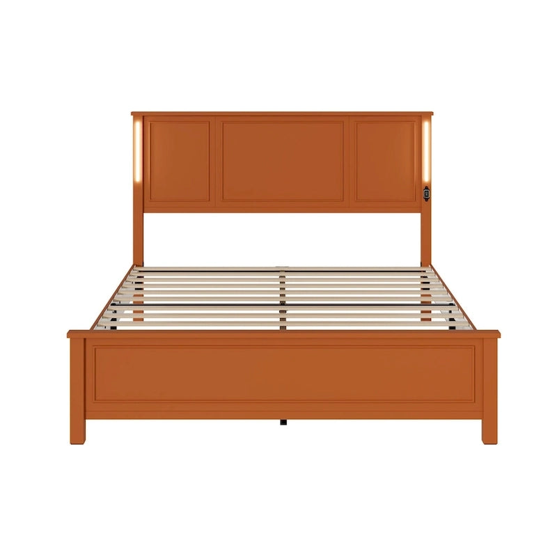 Lit plateforme Queen Size avec tête de lit en bois et chargeur