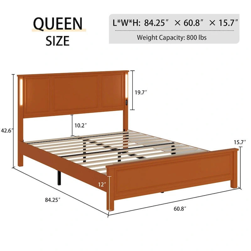 Lit plateforme Queen Size avec tête de lit en bois et chargeur