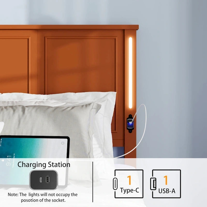 Lit plateforme Queen Size avec tête de lit en bois et chargeur