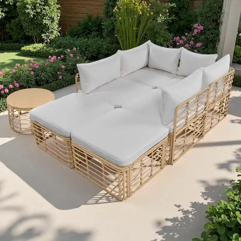 Ensemble de canapé d'angle modulable 7 pièces en osier pour l'extérieur avec table basse, combinaison libre