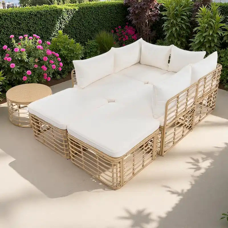 Ensemble de canapé d'angle modulable 7 pièces en osier pour l'extérieur avec table basse, combinaison libre