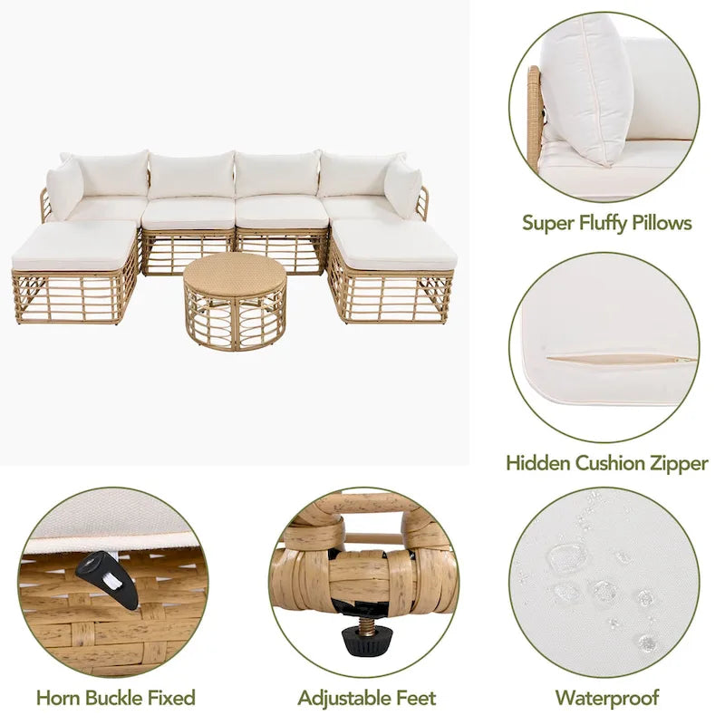 Ensemble de canapé d'angle modulable 7 pièces en osier pour l'extérieur avec table basse, combinaison libre