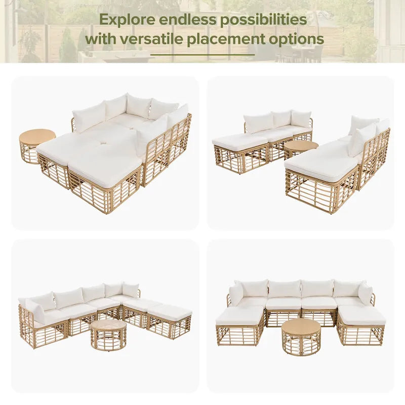 Ensemble de canapé d'angle modulable 7 pièces en osier pour l'extérieur avec table basse, combinaison libre