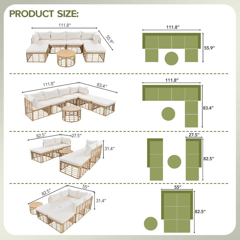 Ensemble de canapé d'angle modulable 7 pièces en osier pour l'extérieur avec table basse, combinaison libre