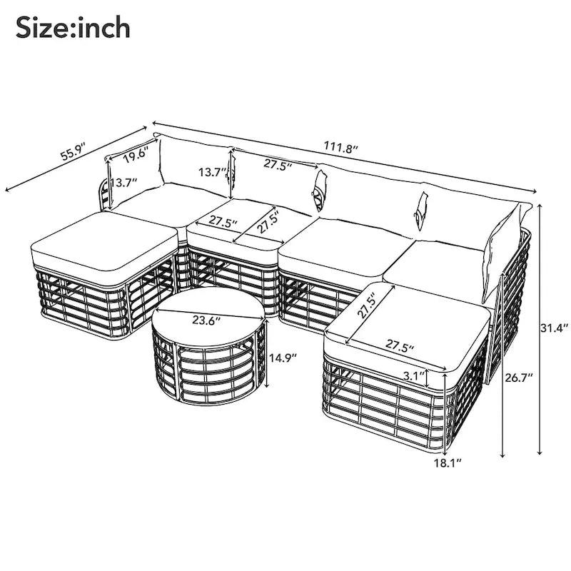 Ensemble de canapé d'angle modulable 7 pièces en osier pour l'extérieur avec table basse, combinaison libre
