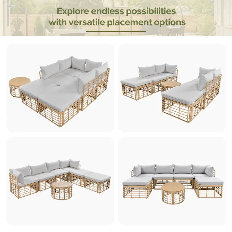 Ensemble de canapé d'angle modulable 7 pièces en osier pour l'extérieur avec table basse, combinaison libre