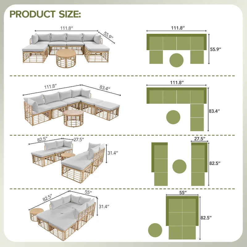 Ensemble de canapé d'angle modulable 7 pièces en osier pour l'extérieur avec table basse, combinaison libre