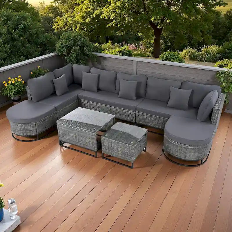 Ensemble de canapé d'extérieur modulaire 7 pièces en rotin avec table basse, combinaison libre