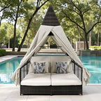 Lit de repos de jardin en rotin avec tente triangulaire, dossier réglable et rideaux