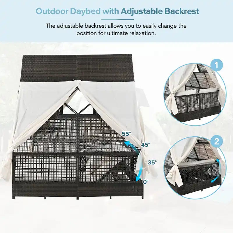 Lit de repos de jardin en rotin avec tente triangulaire, dossier réglable et rideaux