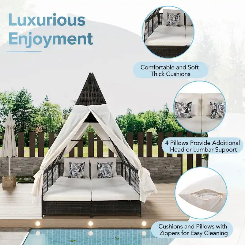 Lit de repos de jardin en rotin avec tente triangulaire, dossier réglable et rideaux