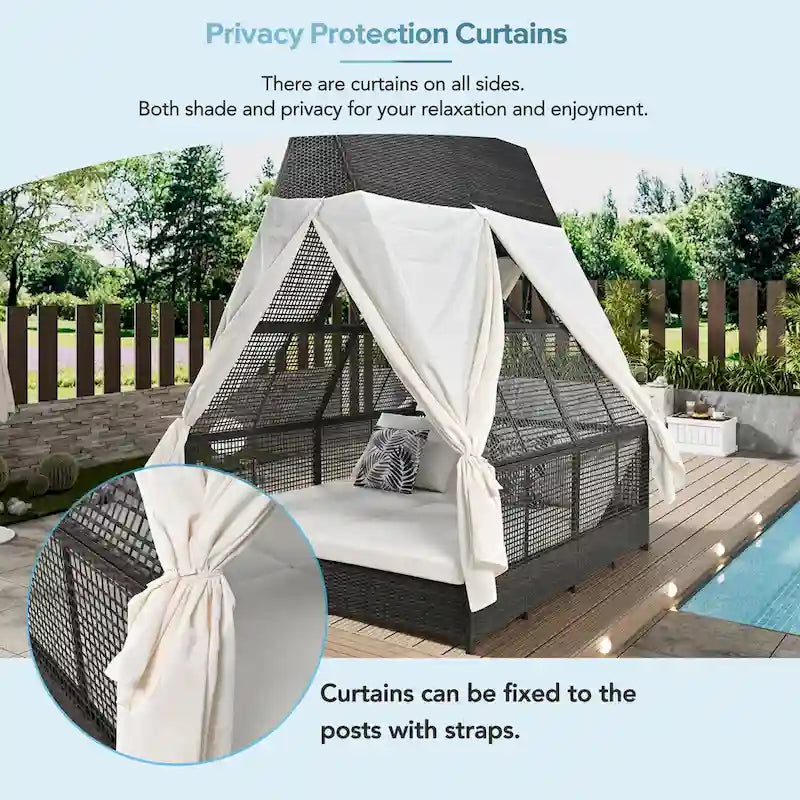 Lit de repos de jardin en rotin avec tente triangulaire, dossier réglable et rideaux