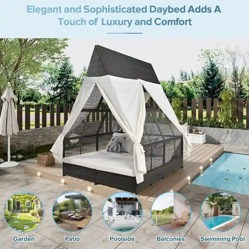 Lit de repos de jardin en rotin avec tente triangulaire, dossier réglable et rideaux
