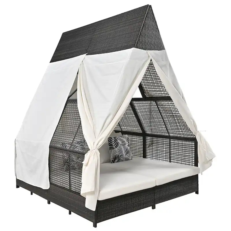 Lit de repos de jardin en rotin avec tente triangulaire, dossier réglable et rideaux