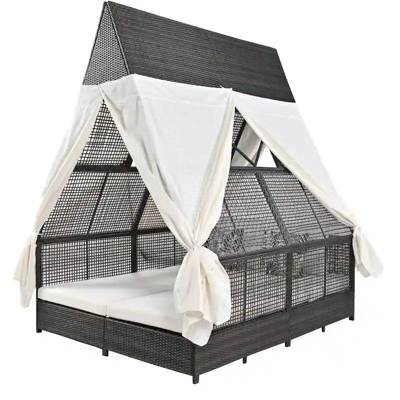 Lit de repos de jardin en rotin avec tente triangulaire, dossier réglable et rideaux