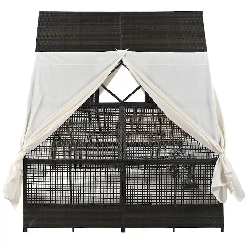 Lit de repos de jardin en rotin avec tente triangulaire, dossier réglable et rideaux