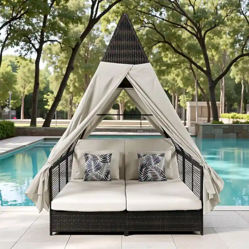 Lit de repos de jardin en rotin avec tente triangulaire, dossier réglable et rideaux