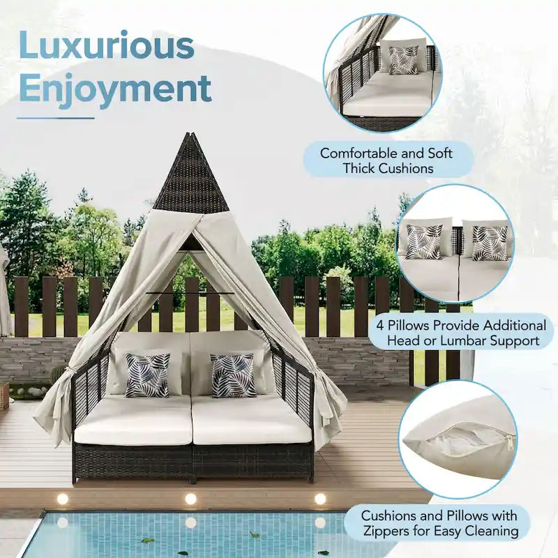 Lit de repos de jardin en rotin avec tente triangulaire, dossier réglable et rideaux