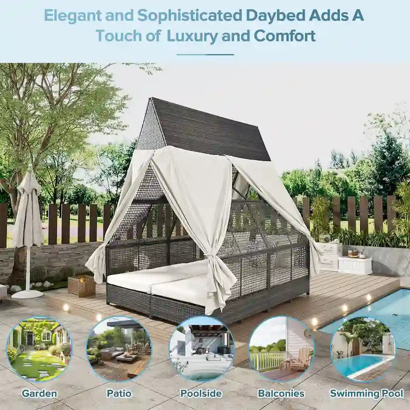 Lit de repos de jardin en rotin avec tente triangulaire, dossier réglable et rideaux