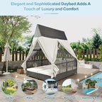 Lit de repos de jardin en rotin avec tente triangulaire, dossier réglable et rideaux