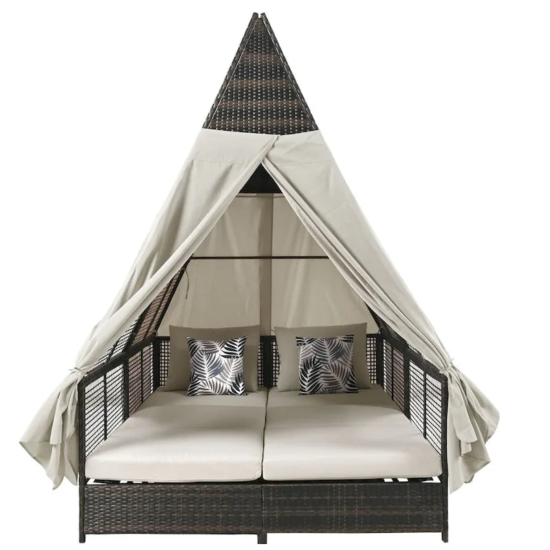 Lit de repos de jardin en rotin avec tente triangulaire, dossier réglable et rideaux