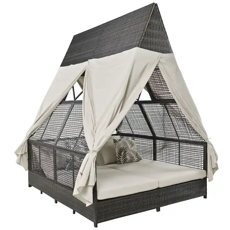 Lit de repos de jardin en rotin avec tente triangulaire, dossier réglable et rideaux