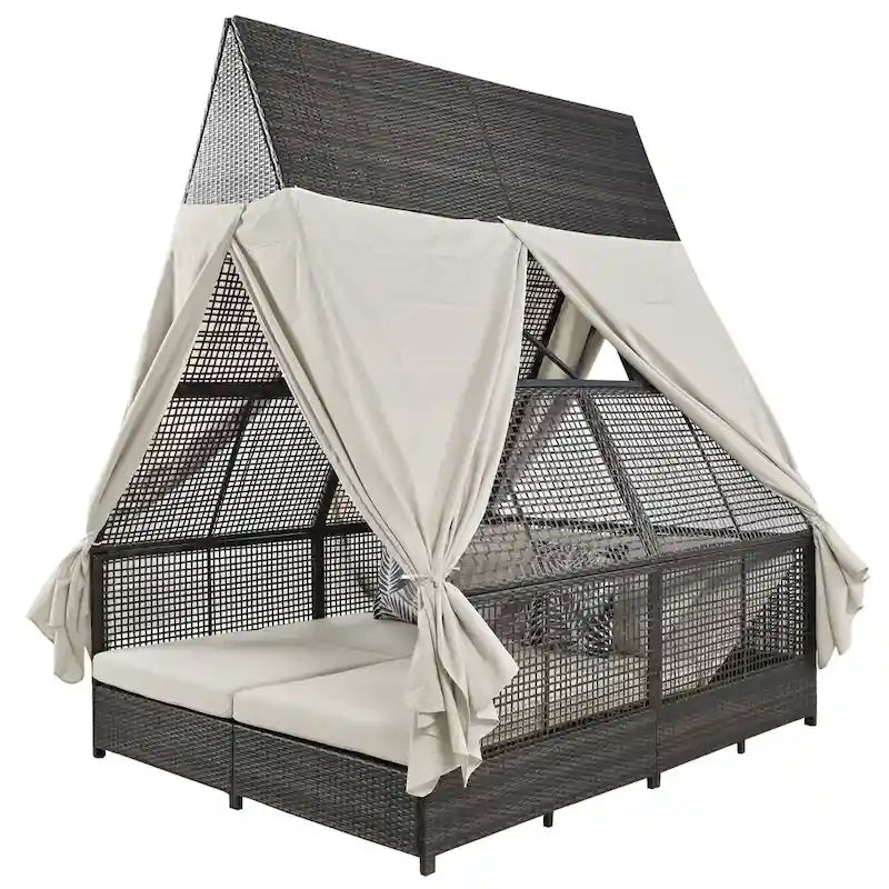 Lit de repos de jardin en rotin avec tente triangulaire, dossier réglable et rideaux