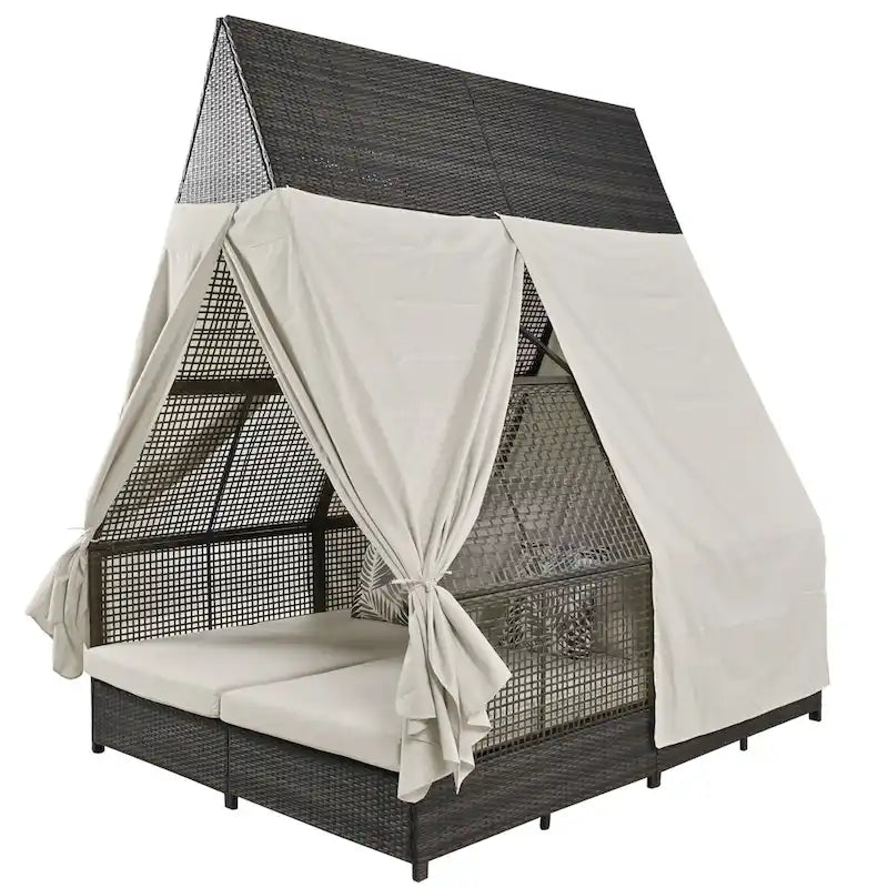 Lit de repos de jardin en rotin avec tente triangulaire, dossier réglable et rideaux
