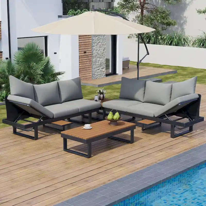 Ensemble de canapé modulable d'extérieur avec table basse, table d'appoint et sièges inclinables