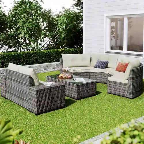 Ensemble de canapé d'angle incurvé en osier 8 pièces pour l'extérieur avec table basse