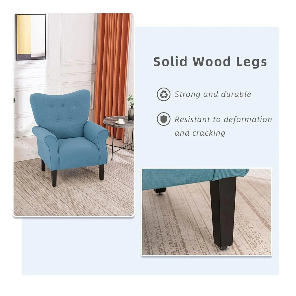 Fauteuil d'appoint moderne Erommy, fauteuil à dossier haut, canapé simple en tissu rembourré avec boutons et pieds en bois pour salon
