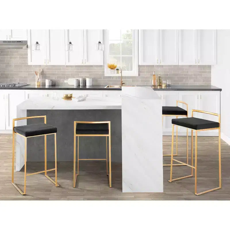 LumiSource Lot de 3 tabourets de bar empilables Fuji Or/Velours noir