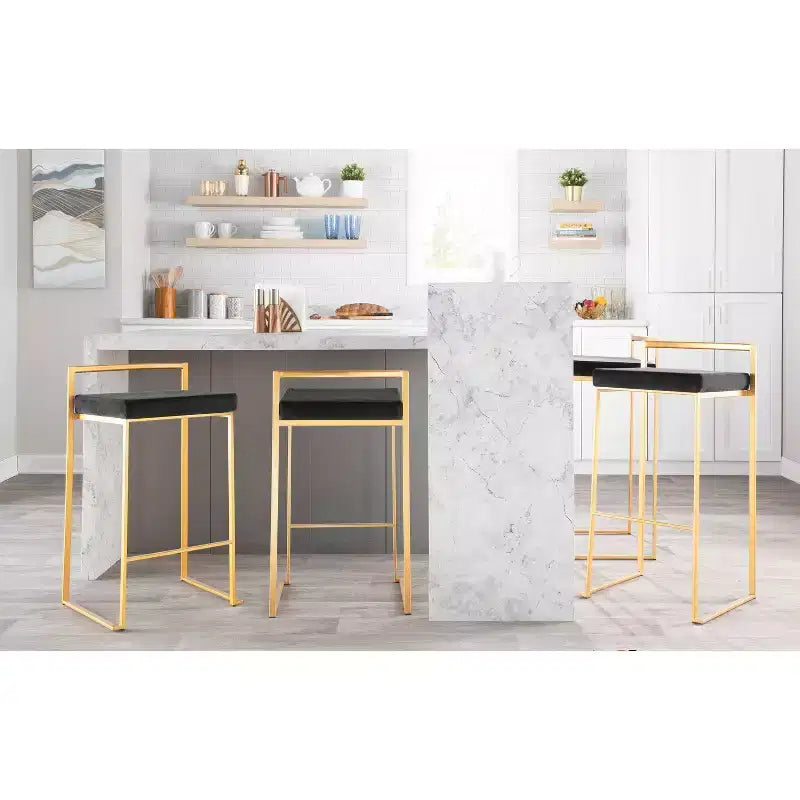 LumiSource Lot de 3 tabourets de bar empilables Fuji Or/Velours noir