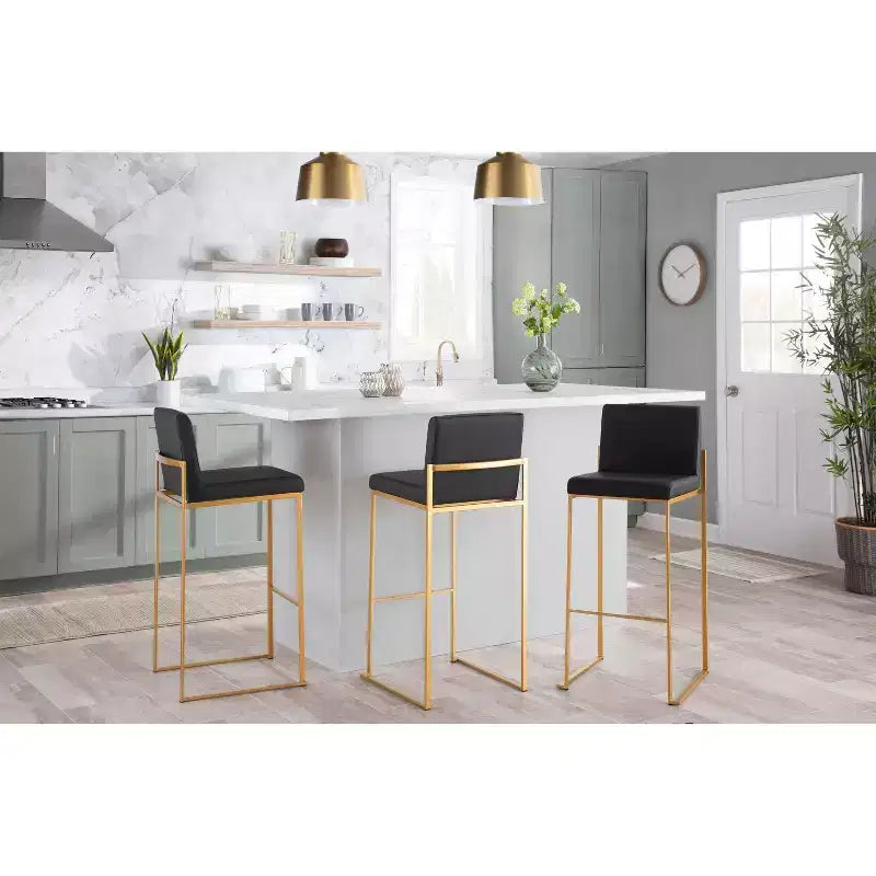 LumiSource Ensemble de 3 tabourets de bar Fuji à dossier haut en acier doré/PU noir