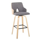 LumiSource Lot de 2 tabourets de bar Stella Naturel/Gris clair/Noir : Milieu du siècle moderne, pivotant, repose-pieds, cadre en bois
