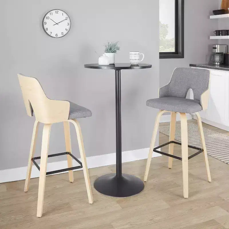 LumiSource Lot de 2 tabourets de bar Stella Naturel/Gris clair/Noir : Milieu du siècle moderne, pivotant, repose-pieds, cadre en bois