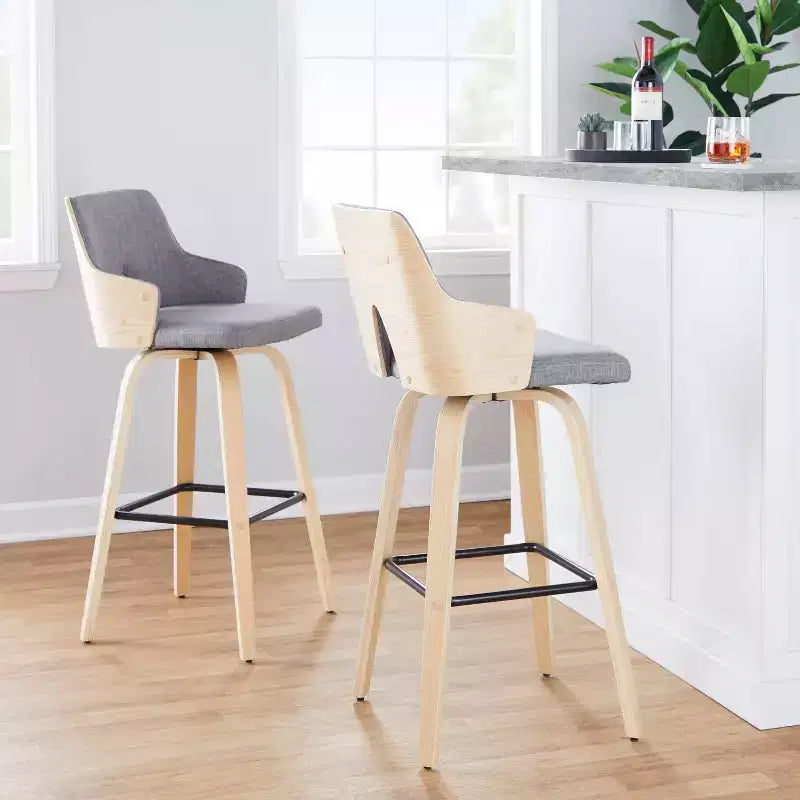 LumiSource Lot de 2 tabourets de bar Stella Naturel/Gris clair/Noir : Milieu du siècle moderne, pivotant, repose-pieds, cadre en bois