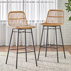 Lifestorey Lot de 2 tabourets de bar Greenville en rotin synthétique 76 cm Naturel : Moderne du milieu du siècle, rotin, piètement en métal noir