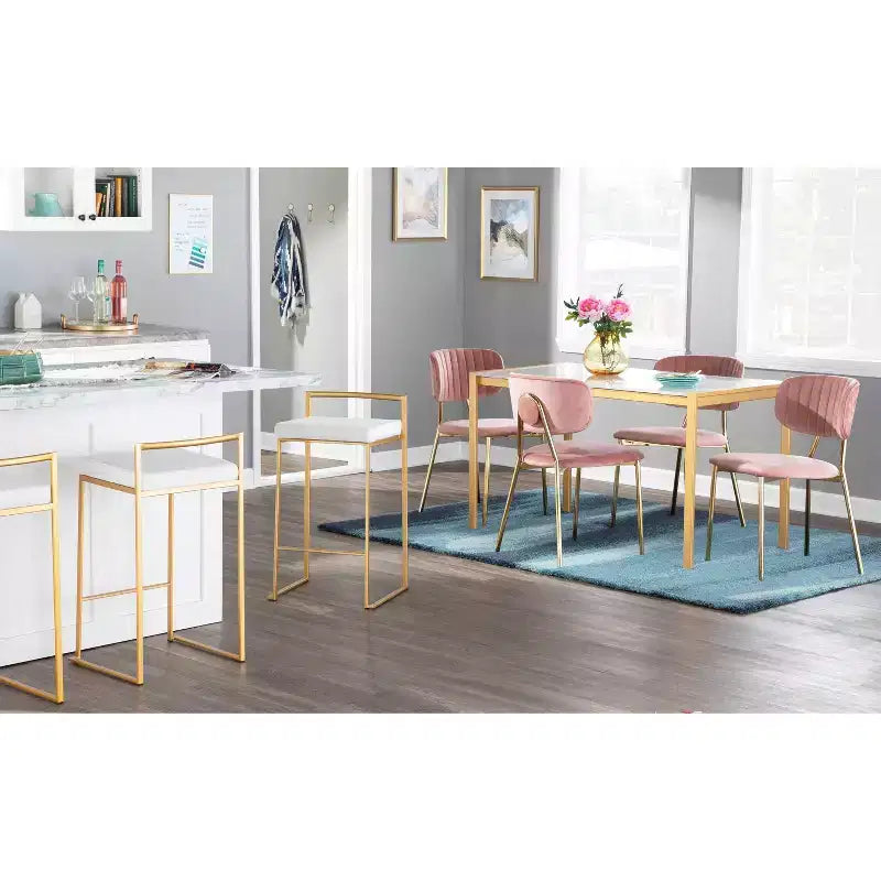 LumiSource Ensemble de 3 tabourets de bar Fuji Stacker Hauteur comptoir Velours doré/blanc