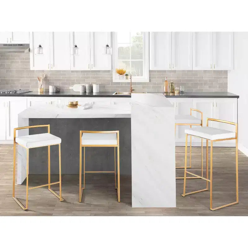 LumiSource Ensemble de 3 tabourets de bar Fuji Stacker Hauteur comptoir Velours doré/blanc